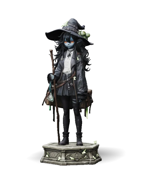 Stylized fantasy witch figurine with blue-gray skin, glowing orange eyes, and long wavy black hair. She stands front-facing on an ornate stone-look pedestal, wearing a floppy pointed hat decorated with leaves and green fruit, a dark oversized coat, white blouse, pleated skirt, black stockings, and boots. She holds a wooden staff and carries belts, pouches, bottles, and a brown satchel.
