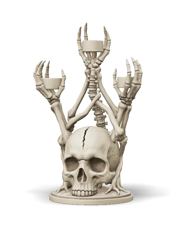 A macabre bone-colored candelabrum sculpture, shown from the front on a round base. A large cracked human skull supports a skeletal torso with multiple elongated arms and claw-like hands holding three cylindrical candle cups. The monochrome, weathered bone-like finish emphasizes the detailed joints, ribs, spine, teeth, and fractures.