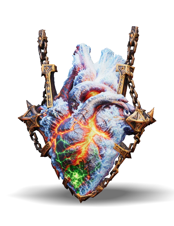 A stylized anatomical heart encased in pale blue-white ice, with a cracked, stone-like surface split by glowing orange-red magma fissures and a vivid green glow near the base. Ornate bronze-colored chains, angular frames, and spiked weights bind the heart. Shown floating in a dramatic front three-quarter view.