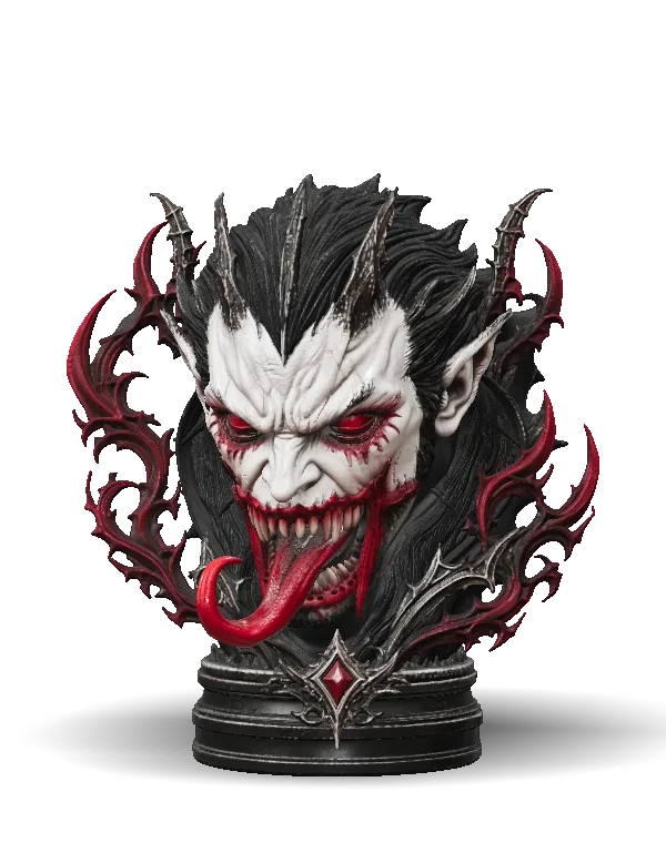 Front-facing fantasy demon bust with a pale, sharply contoured face, pointed ears, swept-back black hair, glowing red eyes, blood-red scars, needle-like teeth, and a long curling red tongue. The painted sculpture is framed by ornate black-and-crimson thorn forms and mounted on a layered black pedestal with a central red gem.