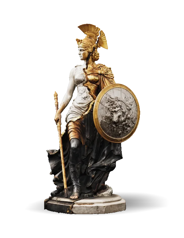 Classical Athena warrior-goddess statue in a frontal three-quarter pose, wearing an ornate crested helmet and flowing drapery. The marble-like white and dark gray figure has gold armor accents, holds a long spear, and carries a large round shield embossed with a Medusa-like face. She stands barefoot on a veined oval stone base.