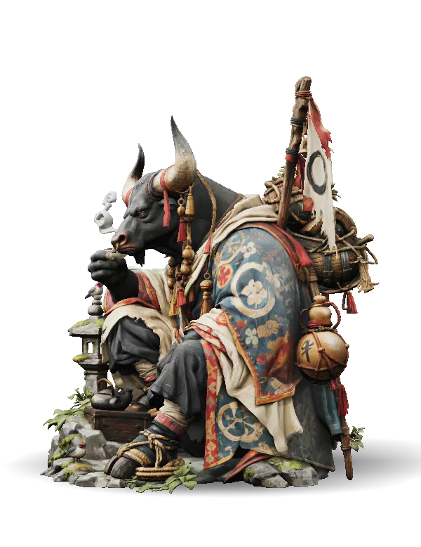 A highly detailed fantasy 3D sculpt of an anthropomorphic black bull warrior seated in left-facing profile. Large curved horns, a broad muzzle, beads, tassels, and cords frame its head. It wears layered cream, red, and blue floral-patterned robes with wrapped sandals, raising one hand to its mouth beside curling smoke. A weathered wooden pack frame carries poles, rope, a banner, baskets, and a round gourd flask.
