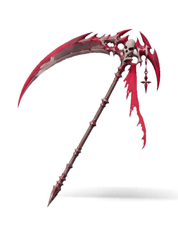 A stylized fantasy scythe with a long, dark metal shaft and a broad curved blade. The blade and ornate head combine bone-like skull forms, jagged spikes, and dark gray metal with glowing crimson fissures. Tattered red cloth and a small cross-shaped pendant hang from the head. Shown diagonally in side view.